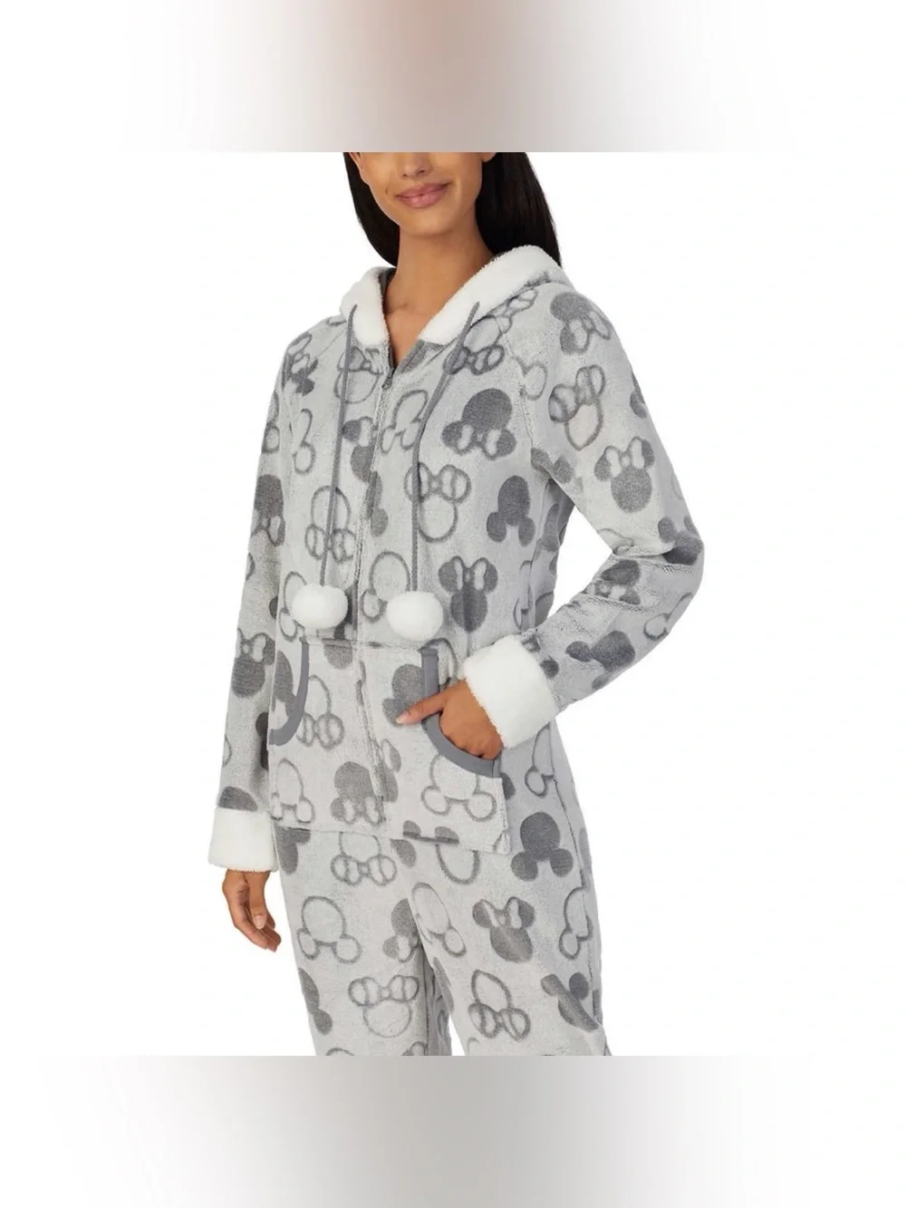 NWT Disney Gray Mickey and Minnie Mouse Fleece Hooded Pajama Onesie size S - Picture 6 of 7